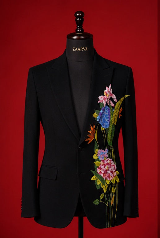 ZAARVA Noir Mens Floral Suit Jacket