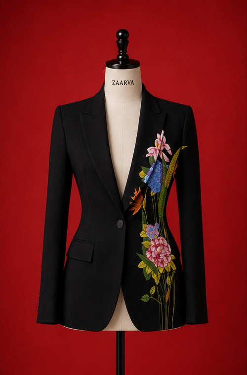 ZAARVA Noir Womens Floral Suit Jacket